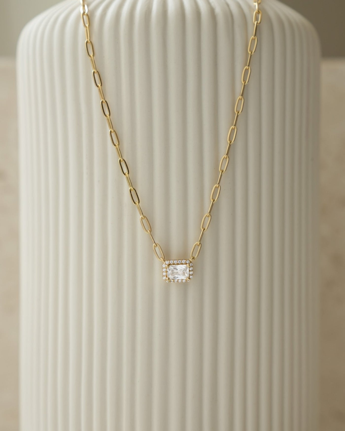 Halo Baguette Necklace w/ Paperclip Chain