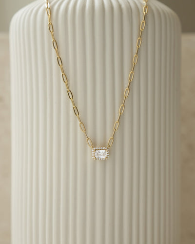 Halo Baguette Necklace w/ Paperclip Chain