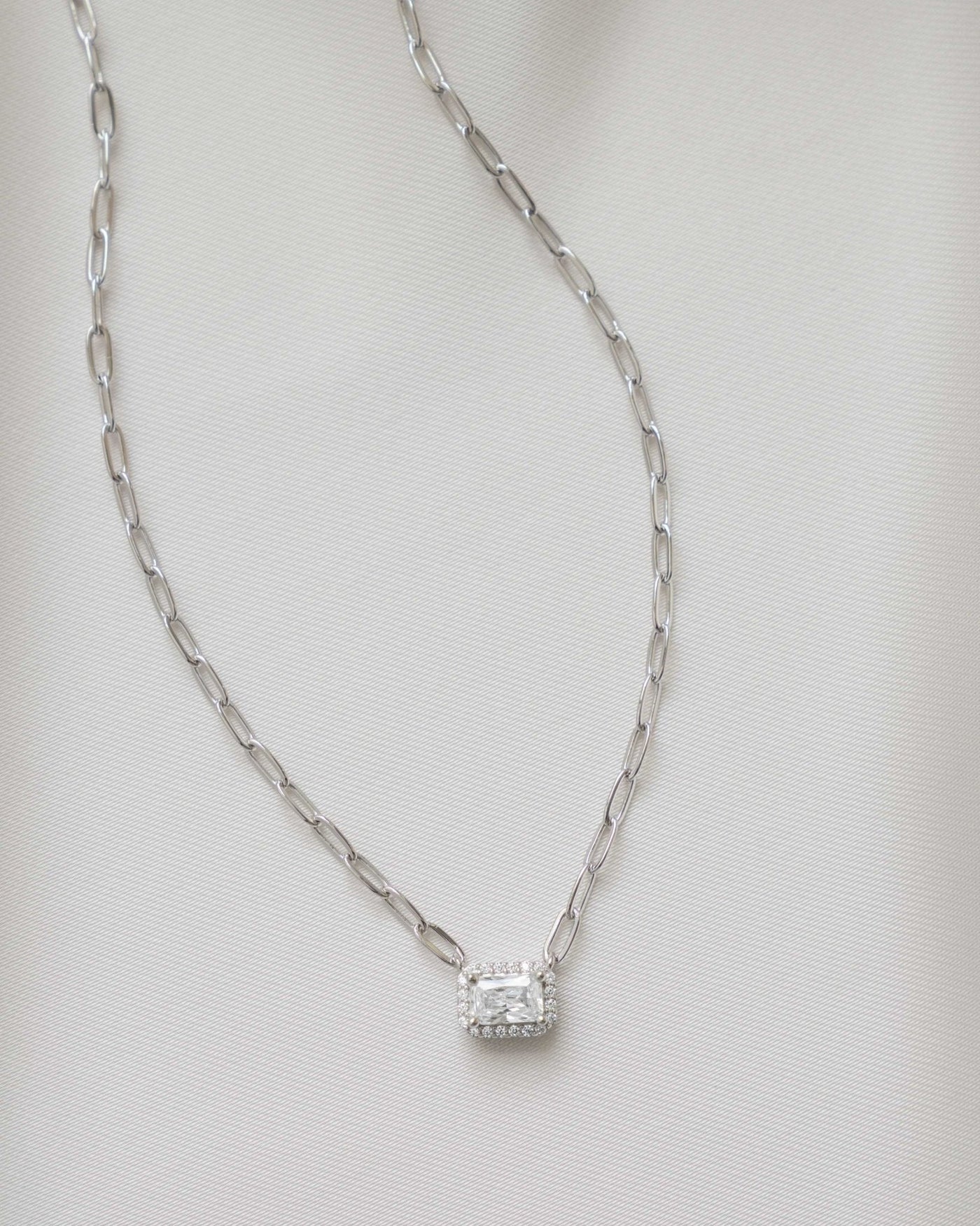 Halo Baguette Necklace w/ Paperclip Chain