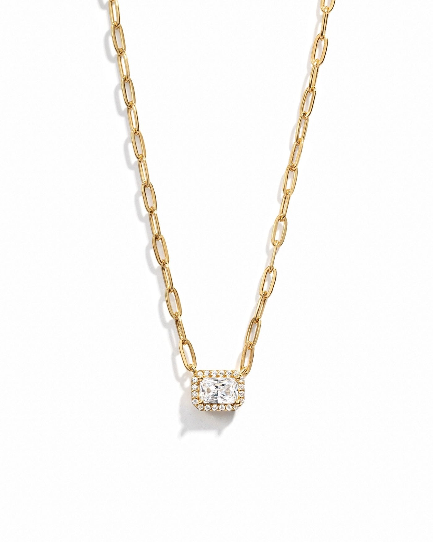 Halo Baguette Necklace w/ Paperclip Chain