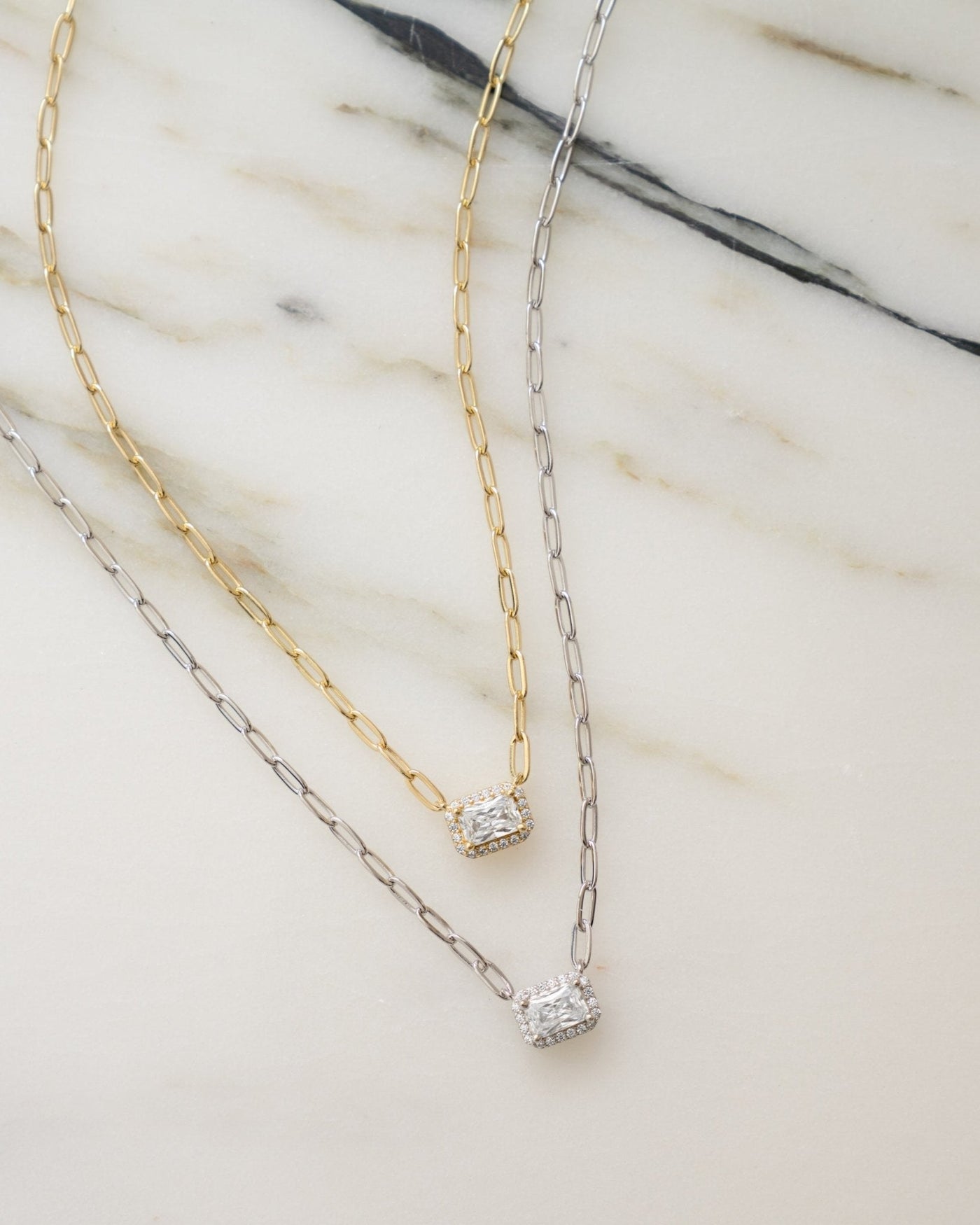 Halo Baguette Necklace w/ Paperclip Chain