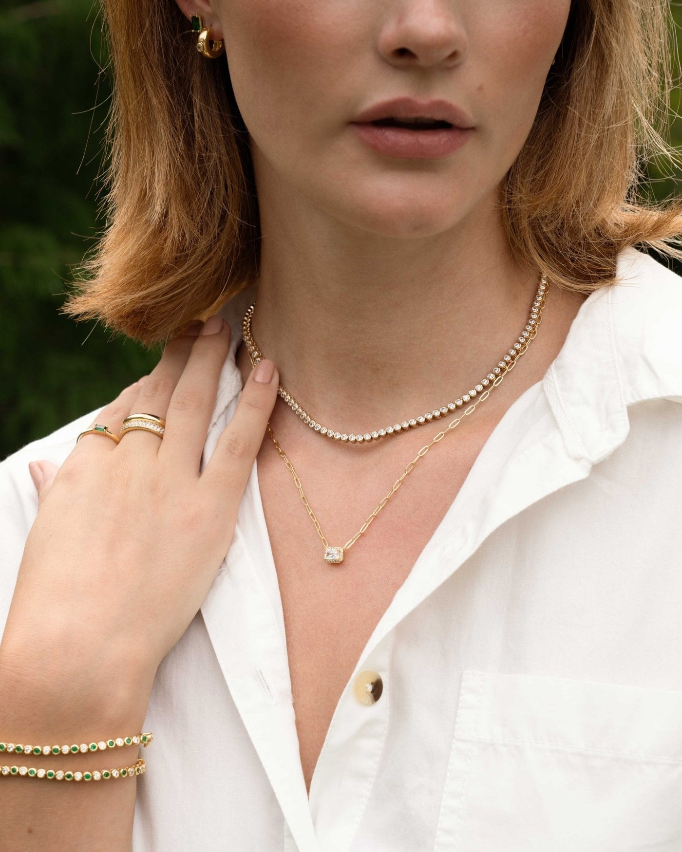 Halo Baguette Necklace w/ Paperclip Chain