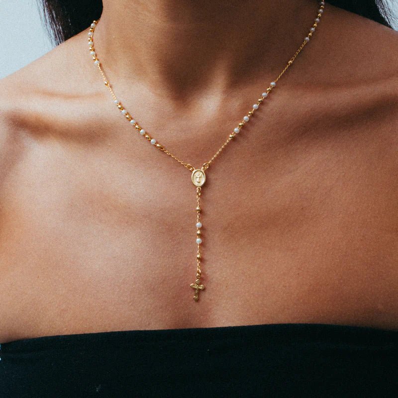 Mary Rosary Lariat Cross Necklace